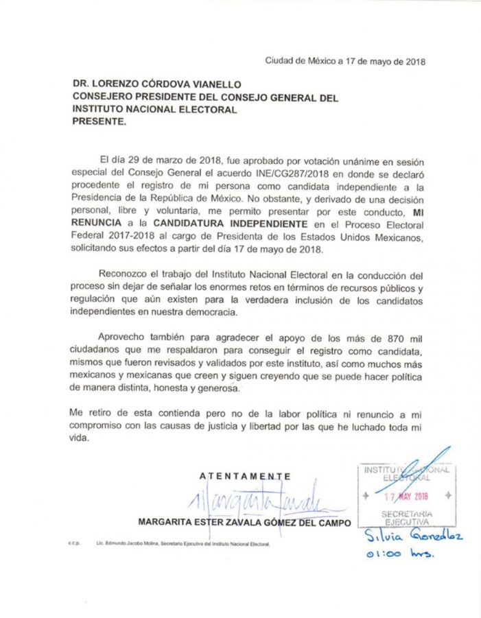 INE ratifica renuncia de Margarita Zavala
