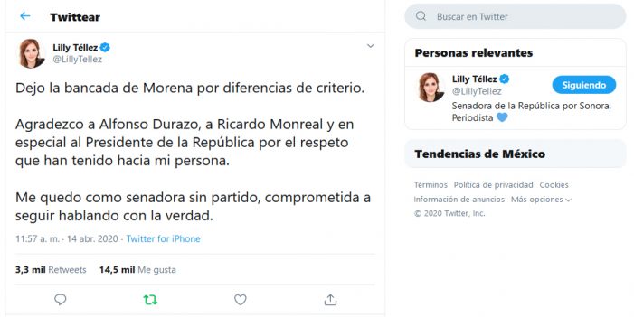 Lilly Téllez deja bancada de Morena por “diferencias de criterio”