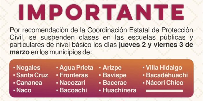 Suspenderán clases en 15 municipios de Sonora